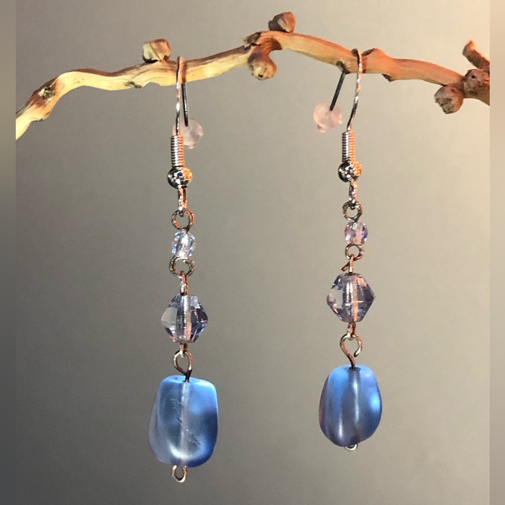 HAND CRAFTED Ice Blue "Sea Glass" Bead & Swarovski Crystal Accent Drop Earrings